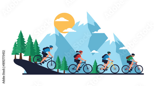 Active group of mountain bikers riding their bicycles through a scenic landscape of pine trees and jagged mountains under a bright sun.