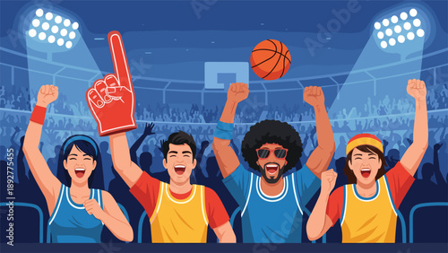 Energetic group of diverse basketball fans cheering excitedly in a stadium with a foam finger and a ball during a thrilling match.