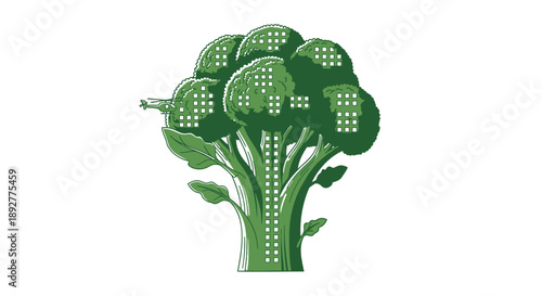 Green broccoli plant with leaves and florets in digital illustration style featuring a small blue bird perched on the left side