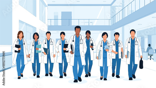 Diverse team of medical professionals including doctors and nurses wearing white coats and scrubs walking through a modern hospital hall.