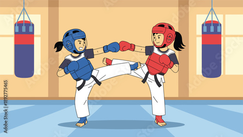 Two determined female martial artists wearing protective gear practicing taekwondo kicks in a gym with hanging heavy punching bags.