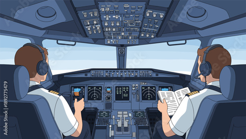 Two professional pilots in uniform operating complex flight controls and reading a manual inside the cockpit of a commercial airplane.