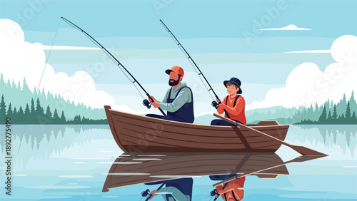 Loving father and son enjoying a peaceful fishing trip together from a small wooden boat on a calm lake surrounded by a pine forest.