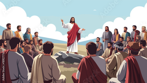 Jesus Christ delivering a sermon to a large gathering of followers in a vast rocky landscape under a clear blue sky with white clouds.