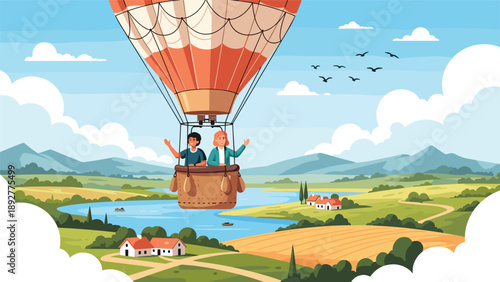 Happy couple enjoying a scenic hot air balloon ride over a lush green landscape with a winding river, rural houses, and mountains.