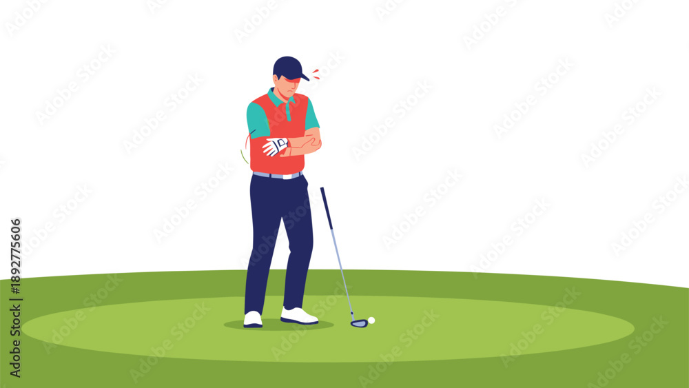 Obraz premium Professional golfer stands on the green with his club prepared to take a shot during a sunny day on the course.