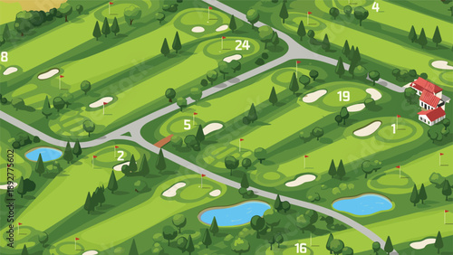 Detailed isometric map of a professional golf course featuring multiple holes green fairways sand traps and trees.
