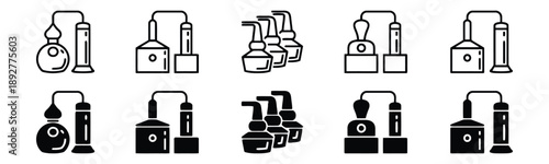Set of distillation apparatus icons in outline and solid styles, representing scientific equipment for alcohol production and chemical processes