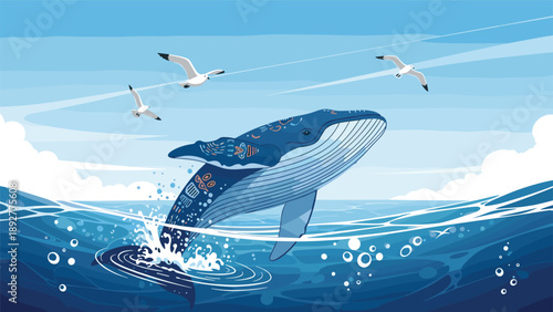 Magnificent blue whale breaches the ocean surface while seagulls fly over the white capped waves in the blue sky.