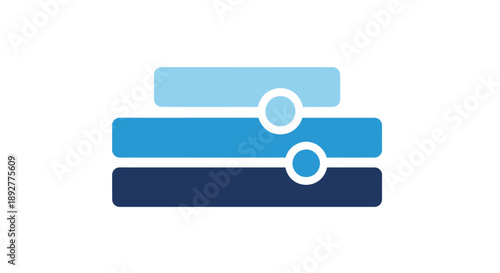 Three layered rectangles in shades of blue with white circles on a plain white background symbolizing connection and layers