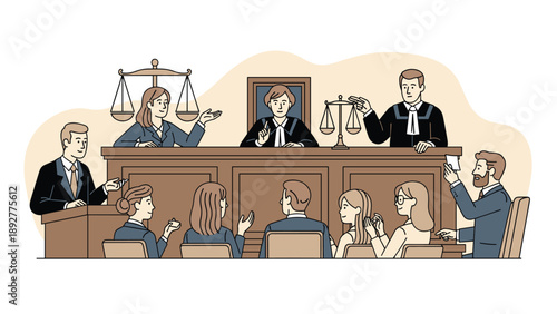 Diverse group of legal professionals and jury members participate in a formal trial proceedings inside a courtroom.