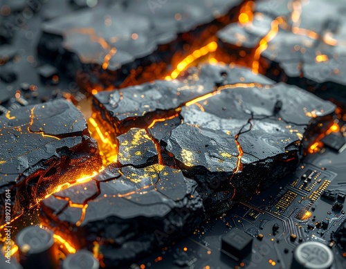Digital Kintsugi: Broken Microchip Repaired with Molten Gold Veins representing Cyber Resilience.