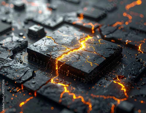 Digital Kintsugi: Broken Microchip Repaired with Molten Gold Veins representing Cyber Resilience.