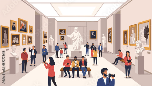 Diverse group of people visit a modern art museum to view classical paintings and sculptures in a large gallery hall.