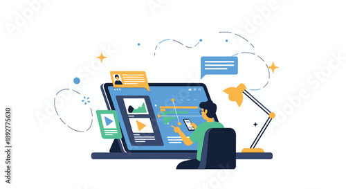 Man working on computer with multiple screens displaying various media and communication interfaces in a modern workspace