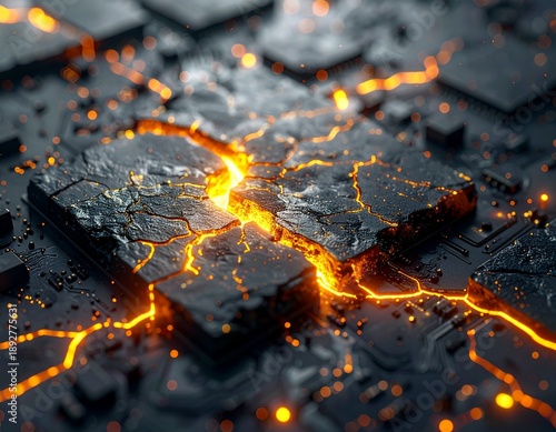 Digital Kintsugi: Broken Microchip Repaired with Molten Gold Veins representing Cyber Resilience.