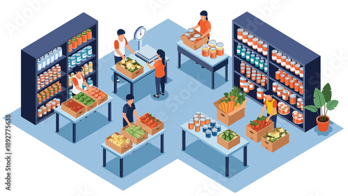 Dedicated volunteers work in a food bank warehouse to sort and pack boxes of fresh produce and canned goods for charity.