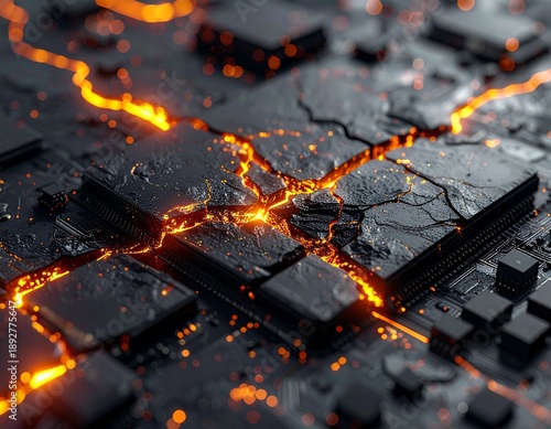 Digital Kintsugi: Broken Microchip Repaired with Molten Gold Veins representing Cyber Resilience.