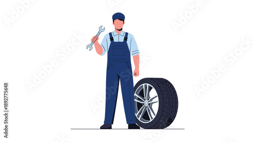 Professional auto mechanic in blue overalls holds a wrench while standing next to a car tire on a white background.