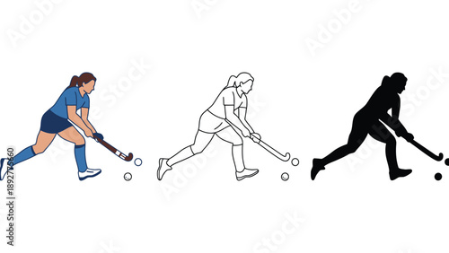 A woman plays field hockey in different colored illustrations