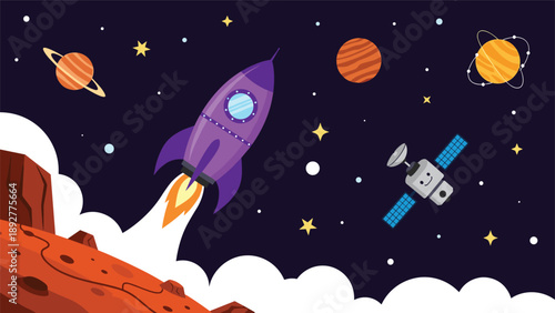 Purple rocket ship blasts off into the deep space past various planets stars and a cute smiling satellite in orbit.