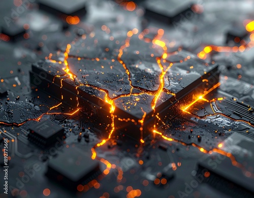 Digital Kintsugi: Broken Microchip Repaired with Molten Gold Veins representing Cyber Resilience.