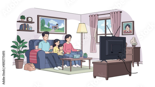 Happy family of four sits comfortably on a blue sofa together while watching their favorite show on a television.