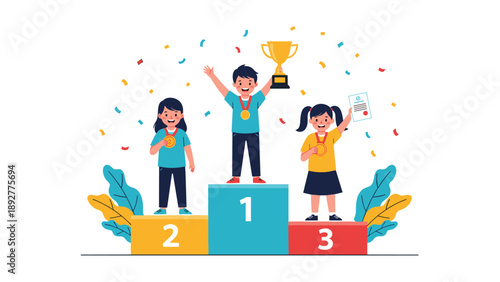 Three happy children standing on a colorful winner podium with gold medals and a trophy to celebrate their athletic or academic success.