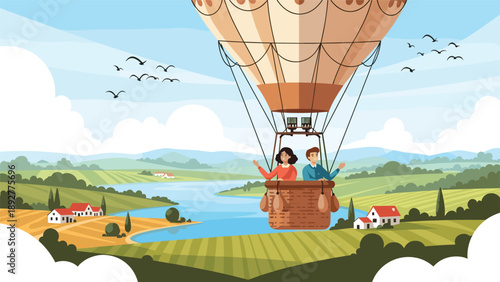 Scenic hot air balloon ride with a happy couple looking at a beautiful countryside landscape with rolling hills, a river, and houses.