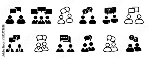 Set of diverse communication icons featuring people engaged in conversation with speech bubbles and question marks illustrating dialogue and queries