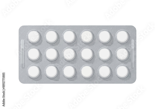 A close-up view of a blister pack containing white pills on a plain surface