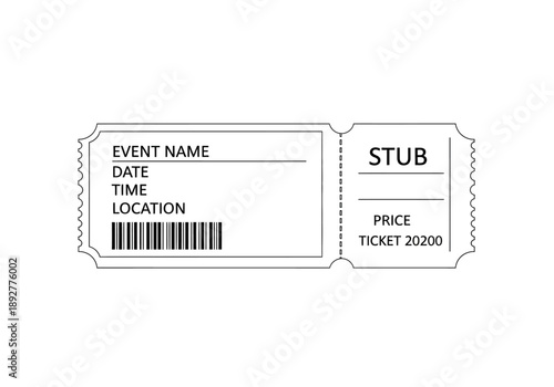 A black and white ticket stub with event details and barcode on a plain background viewed from directly above