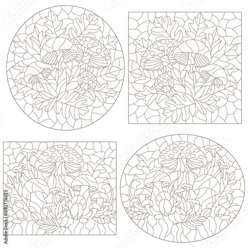 A set of contour illustrations in the style of stained glass with a mushroom composition, dark outlines on a white background