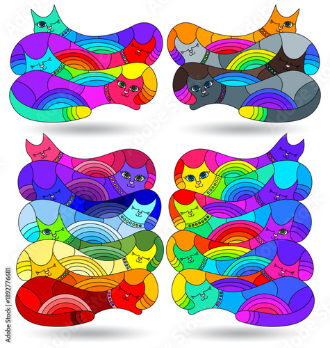 A set of stained glass illustrations with abstract cats, animals isolated on a white background