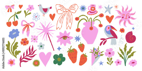 Vector hand drawn whimsical illustrations in doodle sketch style, flowers and hearts, love and valentine day theme, wedding cards, invitations and stationery