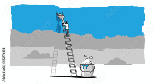 Man climbing tall ladder to paint blue sky with bucket and brush on ground below