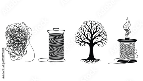A spool of thread transforms into a tree and then a flame.