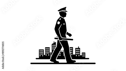 A police officer walking in a city with a baton in hand