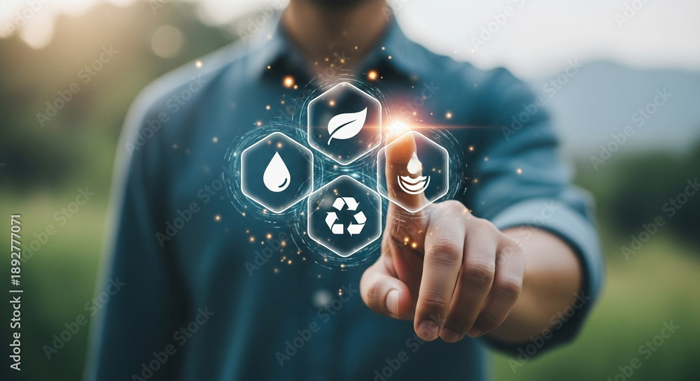 Obraz premium Digital interface showing environmental icons: water, leaf, recycle, save. Man interacts with sustainable resource management.