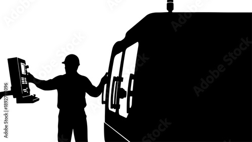 Industrial Worker Silhouette Operating CNC Machine Control Panel. Vector Illustration of Manufacturing, Factory Automation, and Precision Engineering.