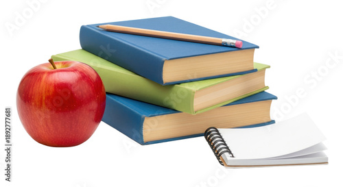 Stack of hardcover books with a pencil, red apple, and spiral notebook on white background, perfect for school or study concepts