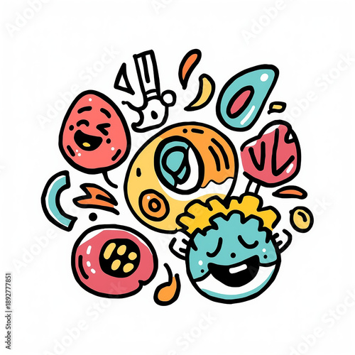 Whimsical Illustration: A cheerful collection of colorful, doodle-like characters and shapes dancing together, bursting with playful energy and creative fun.