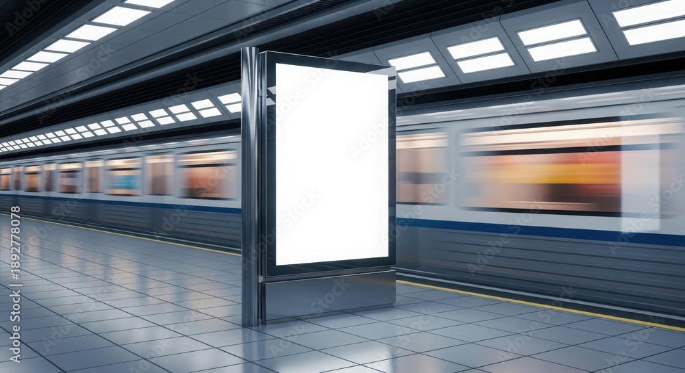 Obraz premium A blank advertising display stands prominently within a blurred subway station