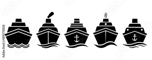 Set of five black cruise ship icons, depicting different styles of passenger vessels with varying details like smoke stacks and anchors, suitable for marine transportation or travel themes.