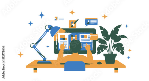 Remote worker sitting at desk with computer and lamp surrounded by colorful stars and a plant focused on screen with hands raised in productivity