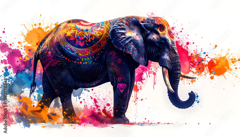 Obraz premium Vibrant Elephant Art with Colorful Paint Splatters and Abstract Design.