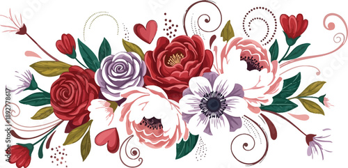 A vibrant floral arrangement with colorful flowers and hearts on a white background