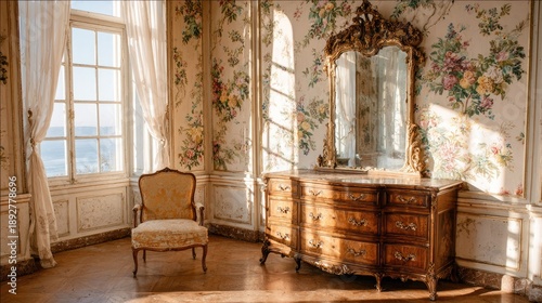 Elegant antique furniture adorns a room with floral wallpaper and large window.