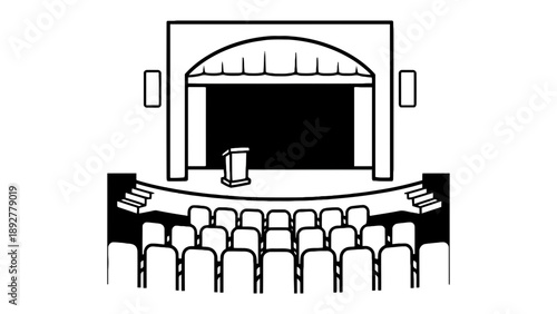 A simple black and white illustration of a theater stage with seating