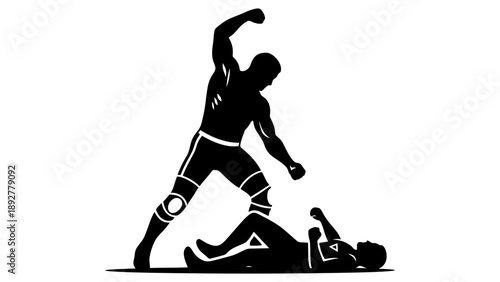 A victorious fighter standing over his defeated opponent in a dramatic pose